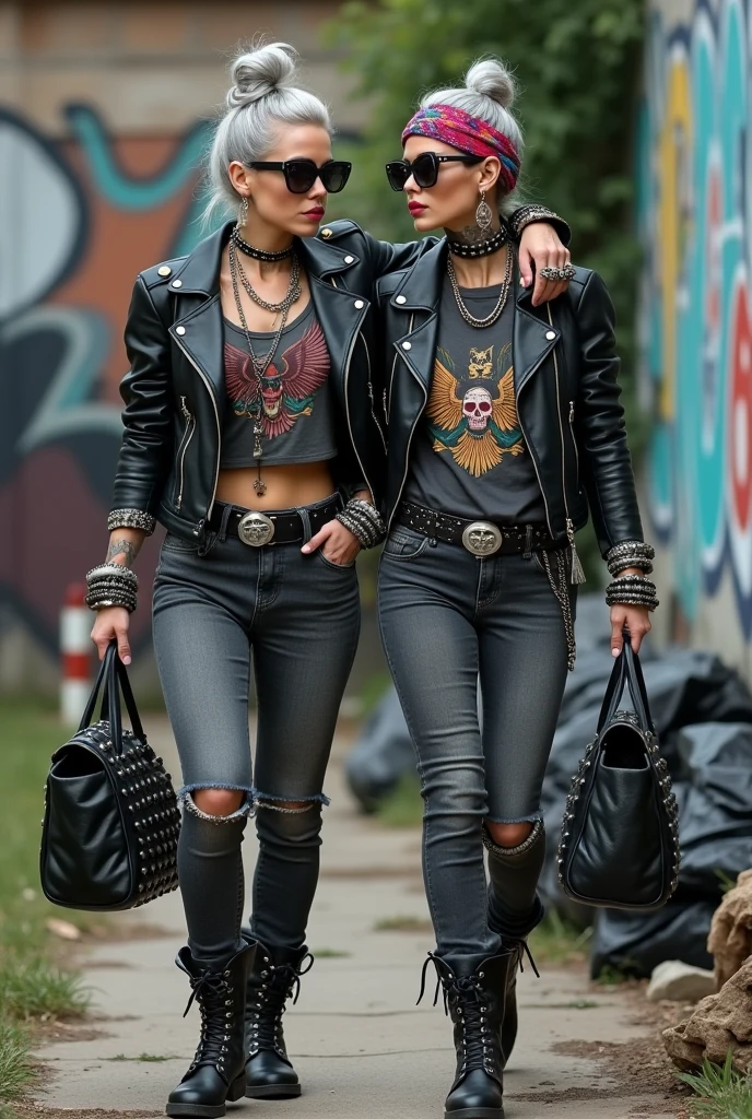 Two russian milf women,  one with the arm over the shoulder of the other. grey hair (one: bouffant, top bun. The other, straight and middle part}and one wearing oversized square sunglasses and wide  colourful bandana as headband), with very light green eyes, extremely pale. Big lips. No tan. Wearing aged black moto jacket (zippers on the side, skull and bones pins).  Both: same old worn cropped t-shirt with spread wings eagle holding a oak leaves garlandlogo. Both,, dark skinny low rise grey jeans with holes on knees ( patched with colourful fabric). Both:,  dark grey worn jeans {with holes on knees) tucked in black leather knee high boots. . Lots of thick wide studded bracelets, chain collars and big rings. Both, high boots. Tacky wide studded leather belt with big skull and bones oval buckle. Long earrings with chains and feathers. Walking with hands in pockets, stretching her neck, craving., Neck, chest, stomach and wrists heavily tattoed. Toned abdominals, thin neck, slim legs and thin arms. Narrow hips and slim legs.  Black leather studded tote bags. Graffitied wall behind, waste on the groun and piled garbage bags around.