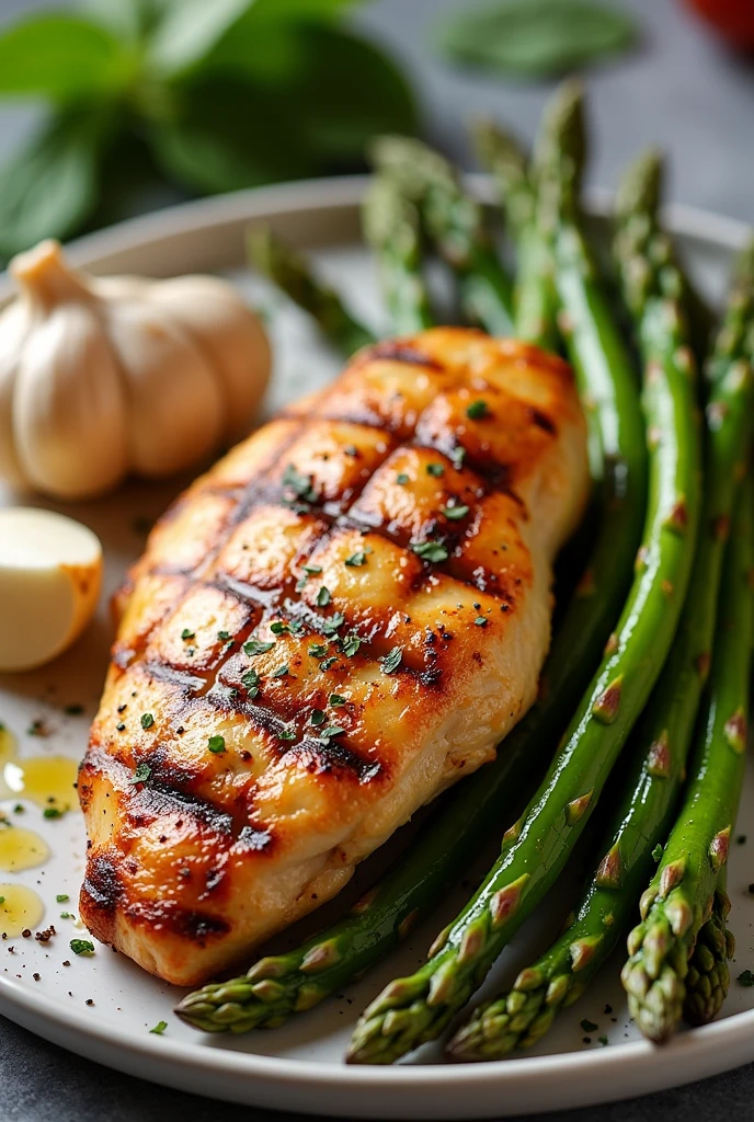 Create an image of this recipe with the following ingredients:Grilled Chicken Breast with Asparagus Ingredients:

- Chicken breast: 200 g - Asparagus: 150 g - Garlic: 10 g - Olive oil: 20 ml
- Sal: 5 g - Pepper: 2 g
