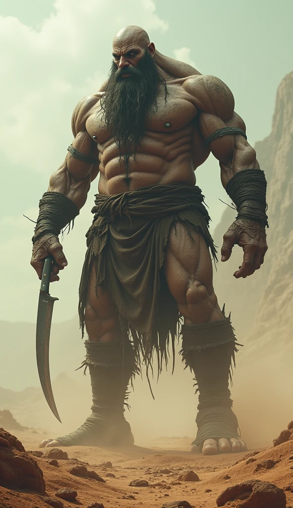 a monstrous giant butcher towering over a vast desert landscape, extremely detailed, muscular body, sharp butcher knife, tattered clothing, piercing eyes, gritty and rugged environment, dramatic lighting, cinematic composition, fantasy, dark and gritty, (best quality,8k,highres,masterpiece:1.2),ultra-detailed,(realistic,photorealistic,photo-realistic:1.37),cinematic lighting,dramatic shadows,moody atmosphere,muted color palette