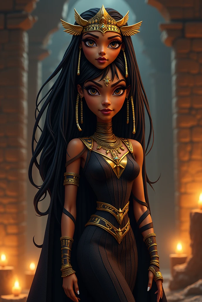 Create a redesign for Cleo De Nile [Monster High] using the gothic style with clothes inspired by Cleopatra's clothes from Ancient Egypt [Cartoon Style]