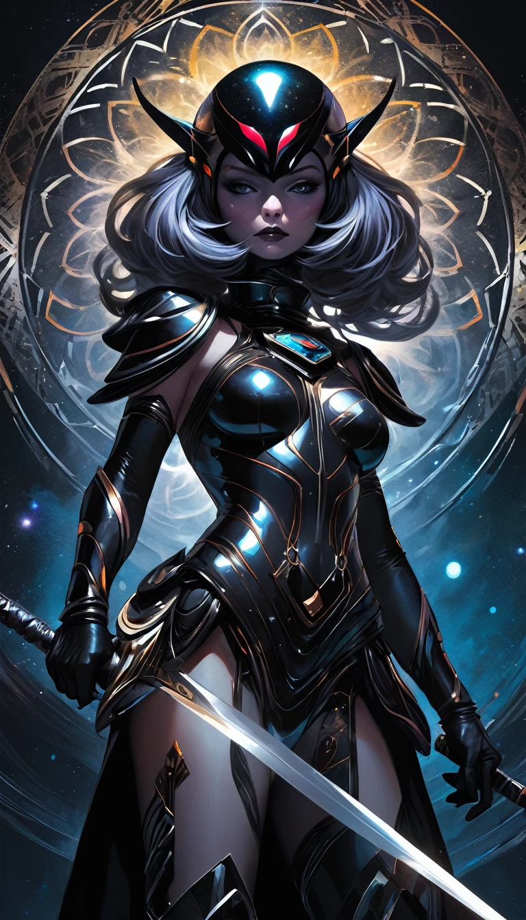 1girl, alone, MANdALA fractal black body paint, sexy, multicolored hair galactic soldier holding a galactic mandala gray sword with both hands, mandala helmet and ready to attack aggressively, ZZZ, ZENLESSZONEZERO, eroticism, sexy, black and white image, between shadows, oil painting, chiaroscuro, sensual, dramatic lighting, moody atmosphere, photorealistic, intricate details, masterpiece, ultra-detailed, high quality, 8k, best quality, realistic, cinematic, dark and brooding, expressionistic, powerful composition, emotional impact, art inspired by Bill Sienkiewicz and Dave McKean