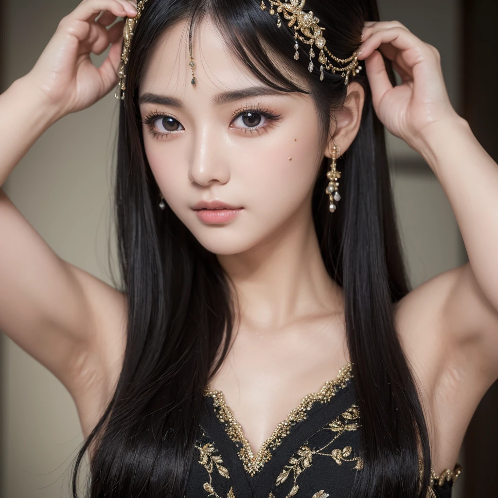 ((Highest quality、8k、masterpiece、Realistic live action：1.3))、(One amazingly cute and beautiful dancer), 、 Highly detailed skin texture, Intricately detailed, double eyelid, Beautiful thin nose, , (Shiny black hair, Medium Straight Hair ), Beautiful Skin, Big eyes, 、Additional HD , masterpiece、((Realistic live action))、Face Focus