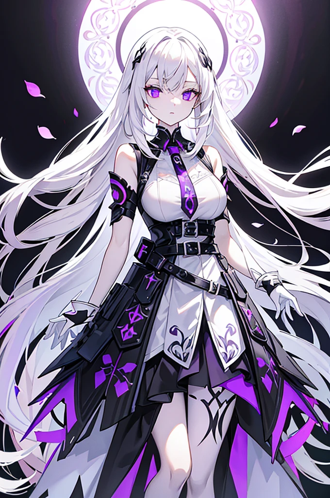 The character depicted is an elegant young woman with long silver, almost white hair that transitions into purple and pink at the tips. Her eyes are a deep violet, contrasting with her pale complexion. She wears a light and stylized armor that is primarily white, adorned with black and purple motifs, enhancing her mystical appearance. The accessories on her armor are delicate, with black floral details, particularly around her neck and arms. An asymmetrical white skirt, secured by a purple belt, falls to her thighs. Her white boots with black patterns complete her look, while her long black and purple gloves emphasize the slenderness of her arms. Overall, she exudes an aura of both strength and grace.