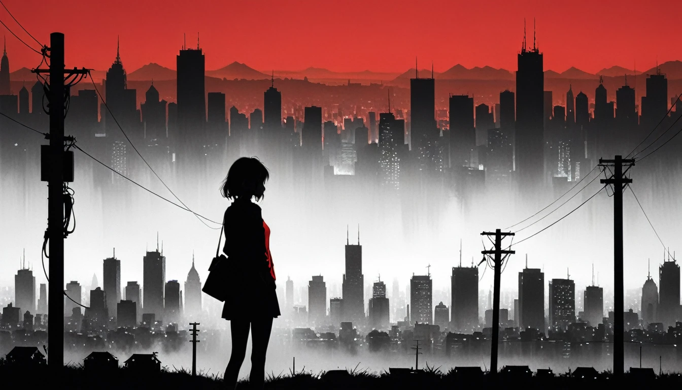 (styled by Ashley Wood:1.3),(in the style of Takeshi Obata:0.9),
black and white city skyline background,protruding power poles,(a red silhouette of a young girl:1.6),minimalist silhouette,red silhouette,Black and white background,wide_shot,silhouette of teenage girl on telephone pole,