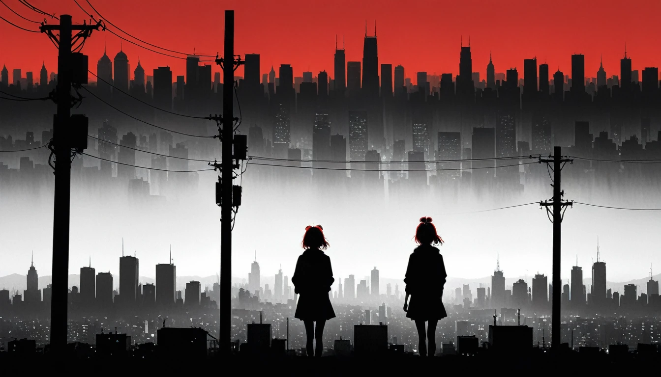 (styled by Ashley Wood:1.3),(in the style of Takeshi Obata:0.9),
black and white city skyline background,protruding power poles,(a red silhouette of a young girl:1.6),minimalist silhouette,red silhouette,Black and white background,wide_shot,silhouette of teenage girl on telephone pole,