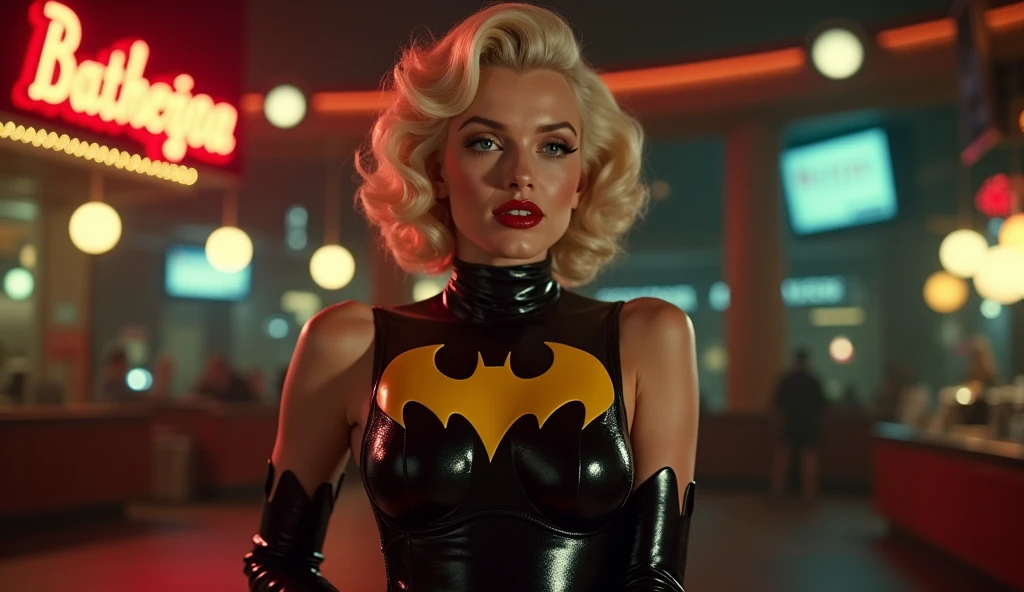 Screengrab of 1950's Super Panavision 70 movie. Ultra High quality Retro in color, Marilyn Monroe in BatGirl sexiest Dress.