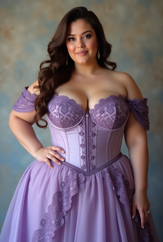 A full-figure white woman with brown eyes and brown hair wearing a lilac dress with purple details and a purple corset 