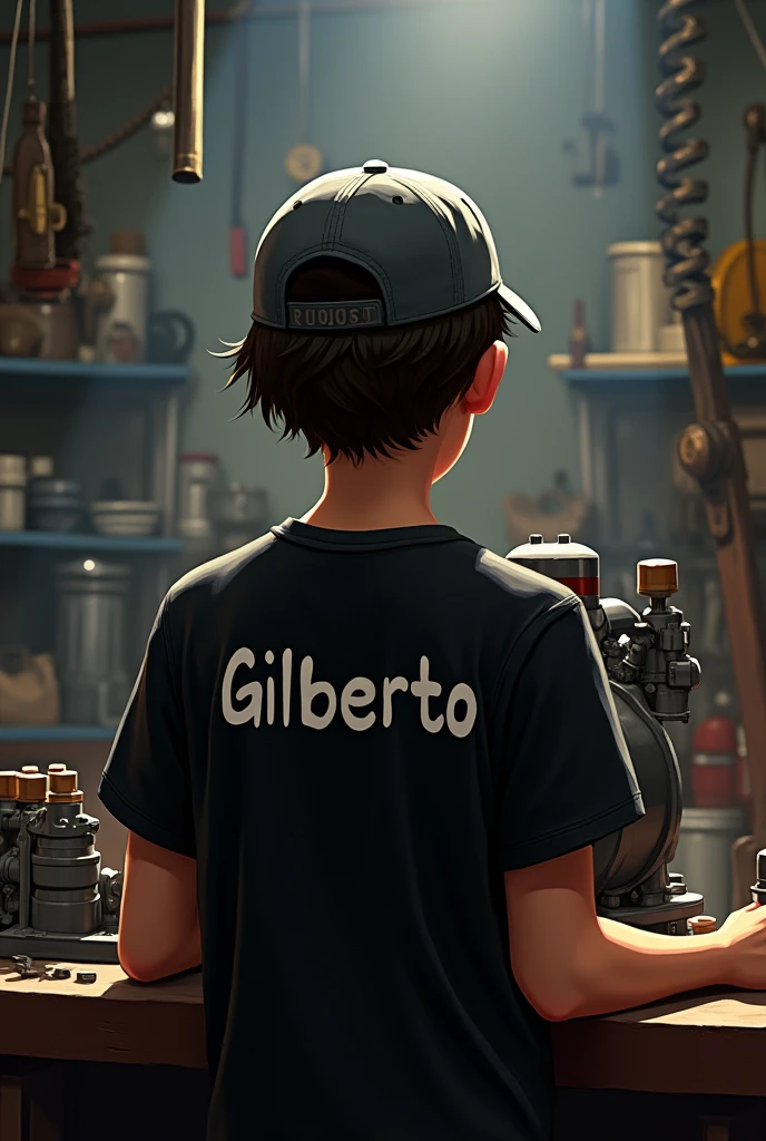 A 1 boy with his back turned, He is a mechanic and is building an engine., On his back he has the name Gilberto on his black shirt. His hair is a little long., but he has a cap