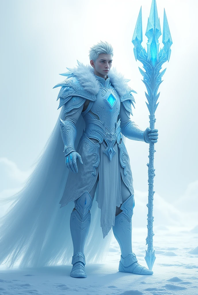 a character for the word ‘Glaciers’. Maybe a magical boy, a king, a fighter, facing in front and in white background not a human realistic
