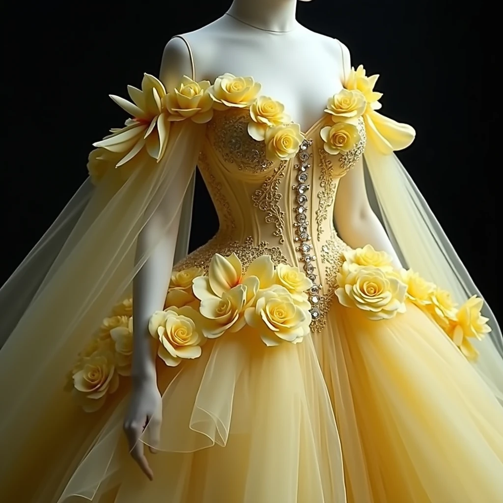 Glamorous short dress with light blue tulle skirt, yellow corset with many 3D flowers and rhinestones 