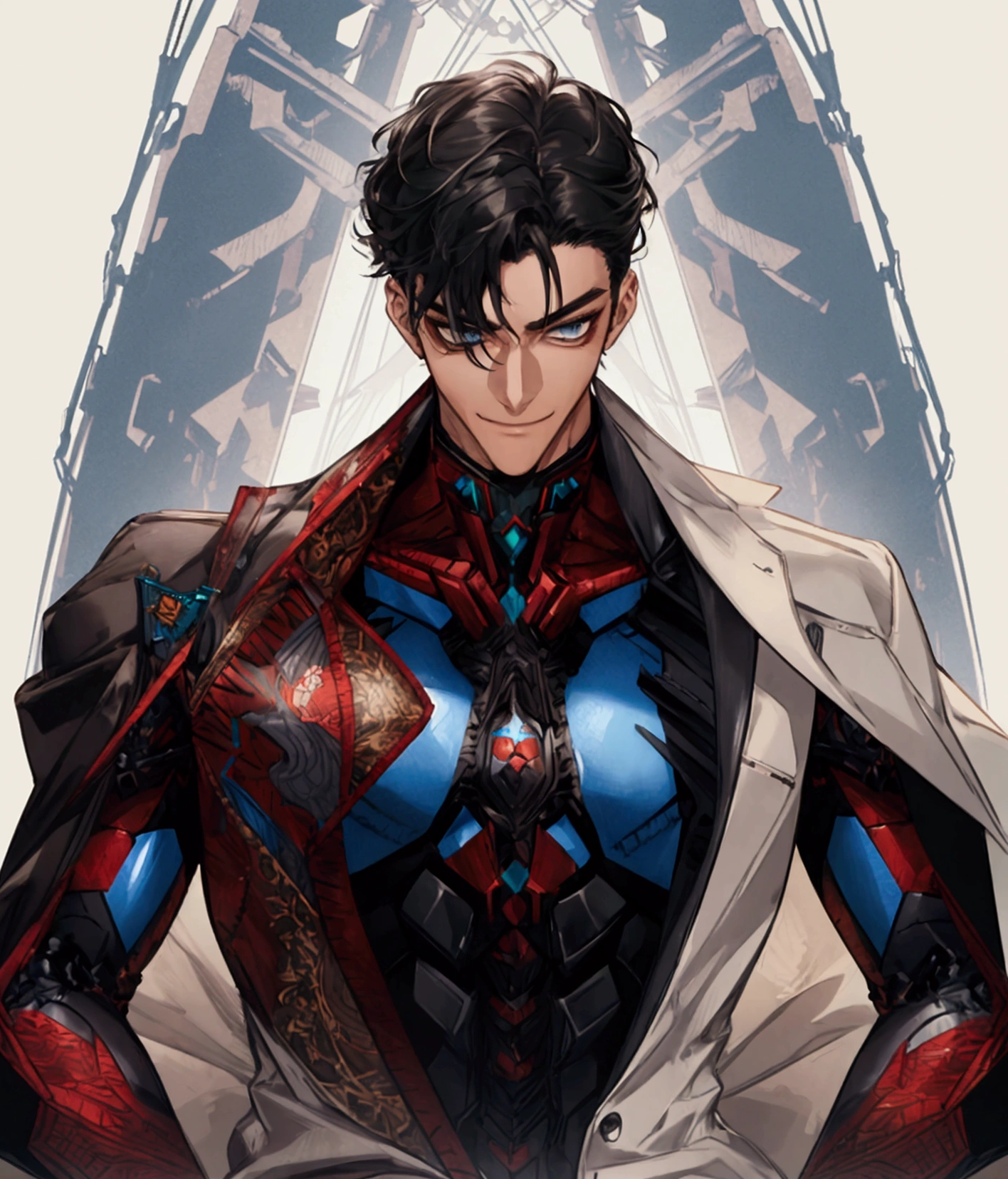 absurd, best quality, incredibly fine details, high resolution, all intricate, masterpiece, many incredible layers, (((psych suit))), korean perm cut, stylized, psychiatric uniform, expressionless, viscolycra and silk fusion, doctor white coat, black sweater, brown belt, black skinny jeans, security, coquetry, alone, dominant pose, sitting, in an asylum, looking at viewer, medium angle, head-on, detailed surface texture, biceps enhancement, black hair, blue grayish eyes, slim and athletic body, tall and with masculine features, attractive and beautiful, flirtatious and confident smile, adult male.