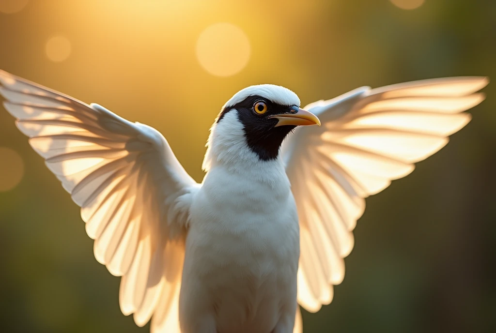 A mesmerizing close-up portrait of a gorgeous Bali myna, flapping wings, illuminated by the soft, golden light of a tranquil morning, detailed background with vibrant bokeh balls gently framing its delicate form. 