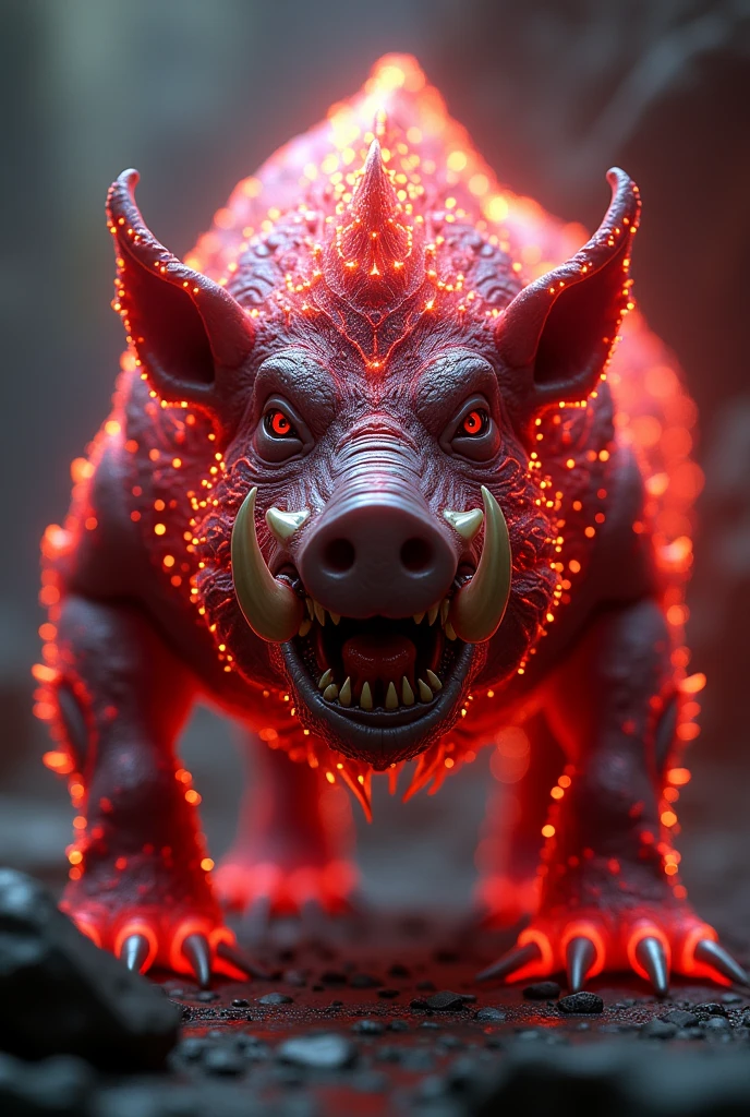 An alien boar, bright red colors, glowing, realistic, ultrahd, detailed, feral, ferocious, multiple fangs, (red fur), huge fangs