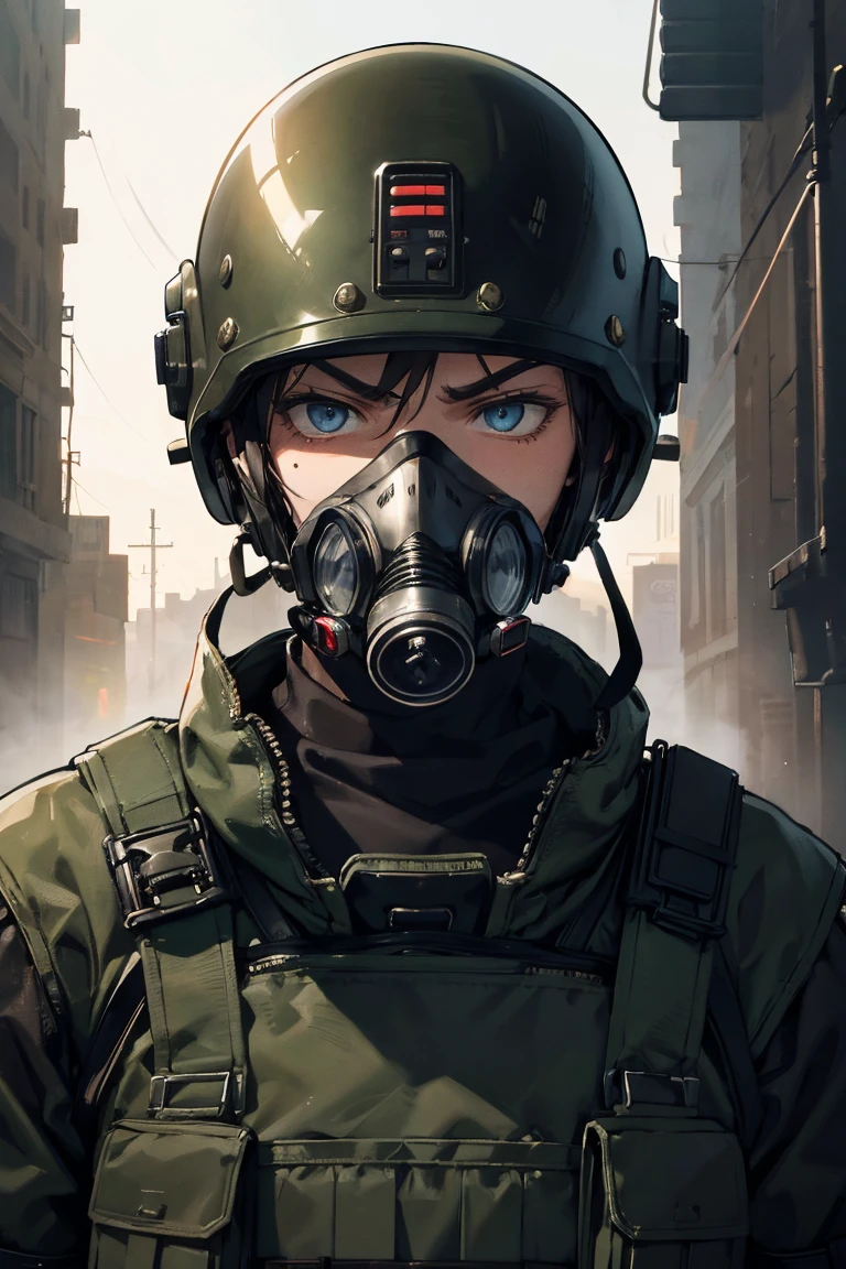 best quality, masterpiece, look up, man in a gas mask and a helmet, post - apocalyptic scavenger, spec - ops head, spec - ops head with mask, desert breathing armor, spec ops mask, smug look, portrait of jerma985, gasmask, soldier with a gasmask, smug smirk, avatar image, highley detailled face, dirty armor, exoskeletion, male