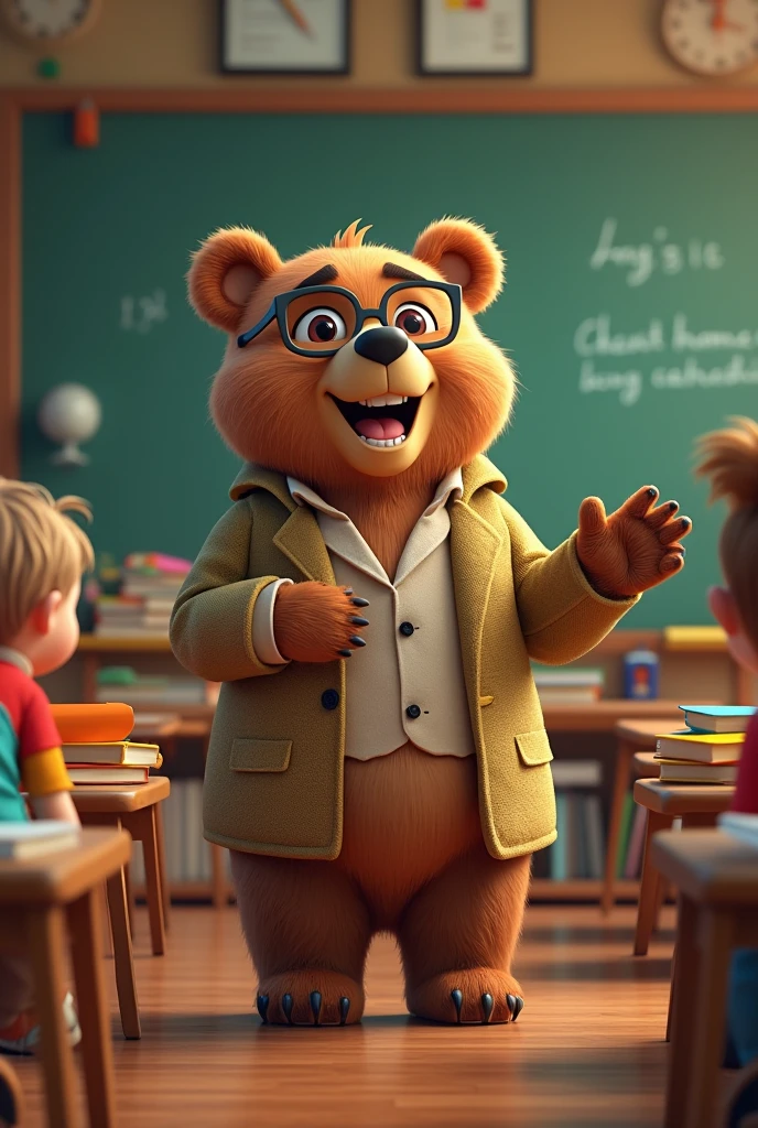 a bear teacher, cartoon style, whimsical, colorful, adorable, happy expression, teaching students in a classroom, blackboard, books, school supplies, fun and playful, vibrant colors, masterpiece, 8k, ultra-detailed, highly realistic, cinematic lighting, award-winning digital art