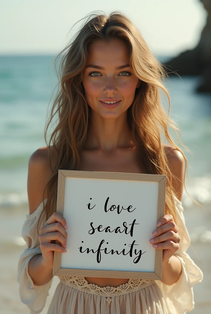 Beautiful girl with wavy long hair, bohemian dress, holding a white board with text "I Love Seaart Infinity" and showing it to the viewer