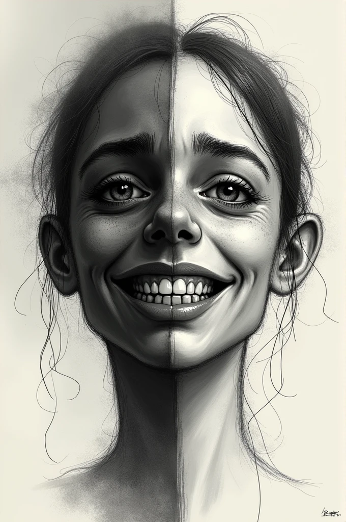 A picture in which a person is looking who is crying from inside and looks laughing outside in sketch