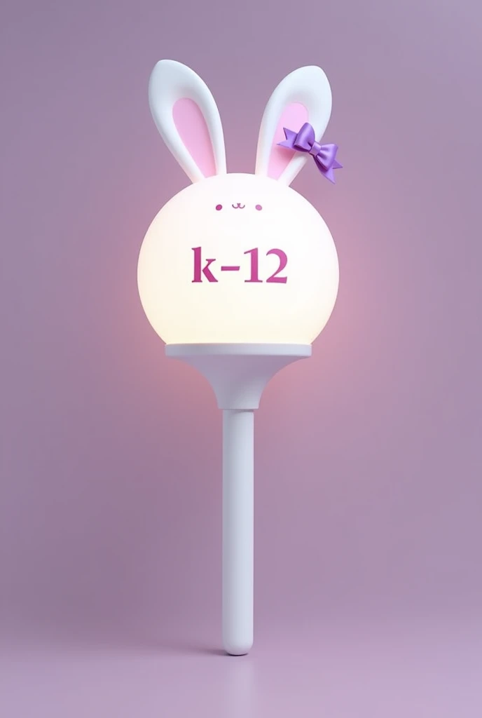 Realistic Lightstick with Rabbit Ears Not So Big or Tall White, with a name written k-12 inside the sphere in a cute font and with a white stick and a small lilac bow on the right ear and with a handle that is secure and with a white and purple flirty setting