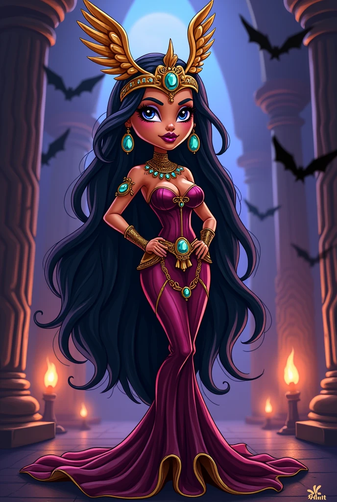 Create a redesign for Cleo De Nile [Monster High] using the gothic style with clothes inspired by the clothes from Ancient Egypt [Cartoon Style]