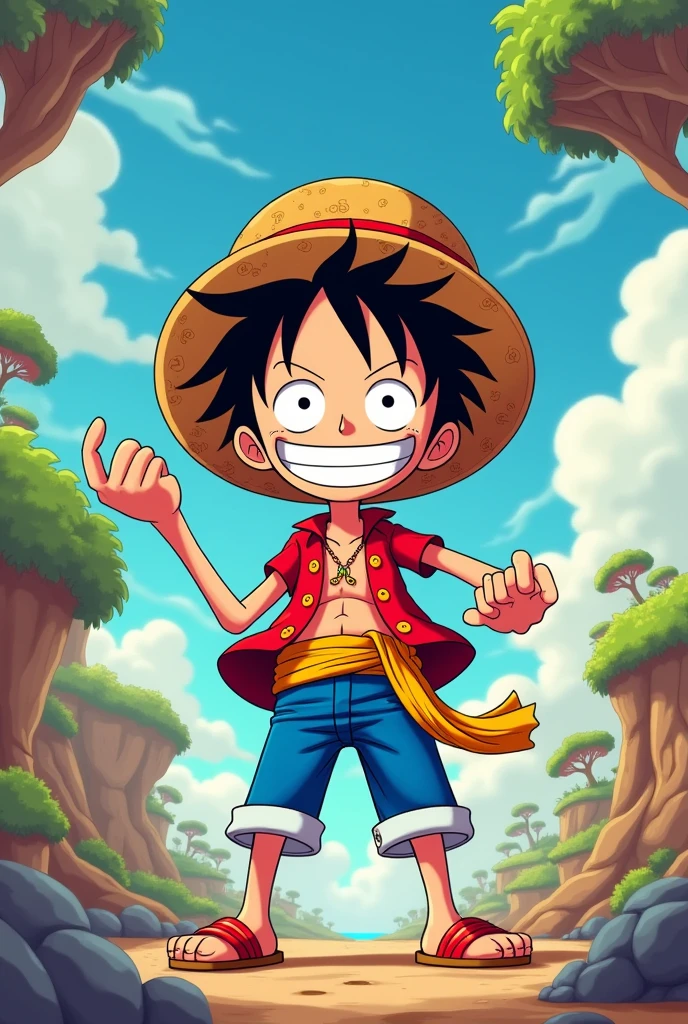 Create an image of the character Luffy from One Piece with the cartoon design from the Fairly OddParents drawing 
