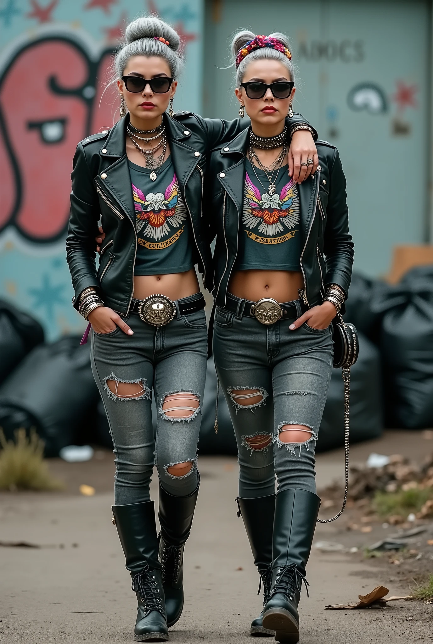 Two russian milf women, one with the arm over the shoulder of the other. grey hair (one: bouffant, top bun. The other, straight and middle part}and one wearing oversized square sunglasses and wide colourful bandana as headband), with very light green eyes, extremely pale. Big lips. No tan. Wearing aged black moto jacket (zippers on the side, skull and bones pins). Both: same old worn cropped t-shirt with spread wings eagle holding a oak leaves garlandlogo. Both,, dark skinny low rise grey jeans with holes on knees ( patched with colourful fabric). Both:, dark grey worn jeans {with holes on knees) tucked in black leather knee high boots. . Lots of thick wide studded bracelets, chain collars and big rings. Both, high boots. Tacky wide studded leather belt with big skull and bones oval buckle. Long earrings with chains and feathers. Walking with hands in pockets, stretching her neck, craving., Neck, chest, stomach and wrists heavily tattoed. Toned abdominals, thin neck, slim legs and thin arms. Narrow hips and slim legs. Black leather studded tote bags. Graffitied wall behind, waste on the groun and piled garbage bags around.