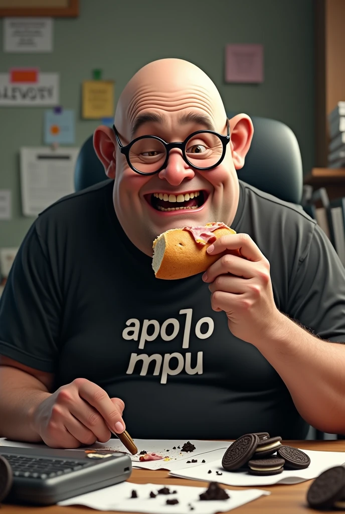 white male, 40 year old, baldie, wrinkled and completely smooth face, no fur, cheeky, Scrawny, but very pot-bellied, wearing glasses and eating baguette with lots of ham. Sitting behind a rather messy desk with a computer, stacks of papers, Oreo crumbs and cookies. Wearing a black shirt with the following phrase: APO1O MPU.
Perfect the latest creation. Keep her, but put more cookies on the table.