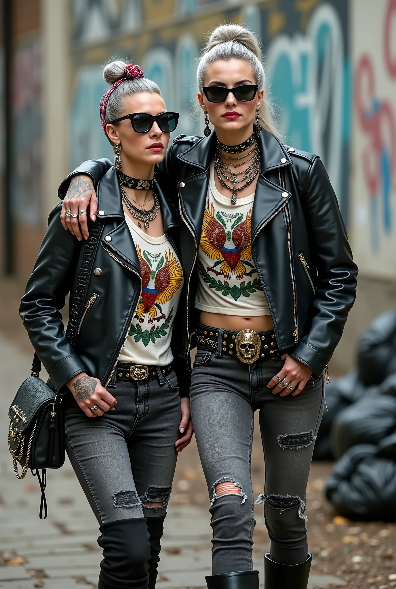 Two russian milf women, one with the arm over the shoulder of the other. grey hair (one: bouffant, top bun. The other, straight and middle part}and one wearing oversized square sunglasses and wide colourful bandana as headband), with very light green eyes, extremely pale. Big lips. No tan. Wearing aged black moto jacket (zippers on the side, skull and bones pins). Both: same old worn cropped t-shirt with spread wings eagle holding a oak leaves garlandlogo. Both,, dark skinny low rise grey jeans with holes on knees ( patched with colourful fabric). Both:, dark grey worn jeans {with holes on knees) tucked in black leather knee high boots. . Lots of thick wide studded bracelets, chain collars and big rings. Both, high boots. Tacky wide studded leather belt with big skull and bones oval buckle. Long earrings with chains and feathers. Walking with hands in pockets, stretching her neck, craving., Neck, chest, stomach and wrists heavily tattoed. Toned abdominals, thin neck, slim legs and thin arms. Narrow hips and slim legs. Black leather studded tote bags. Graffitied wall behind, waste on the groun and piled garbage bags around.