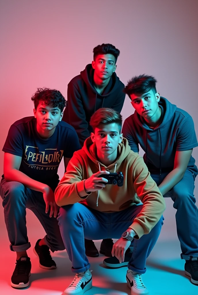 A photo of five young boys (ages 16-24) posing as gamers for a YouTube channel logo.