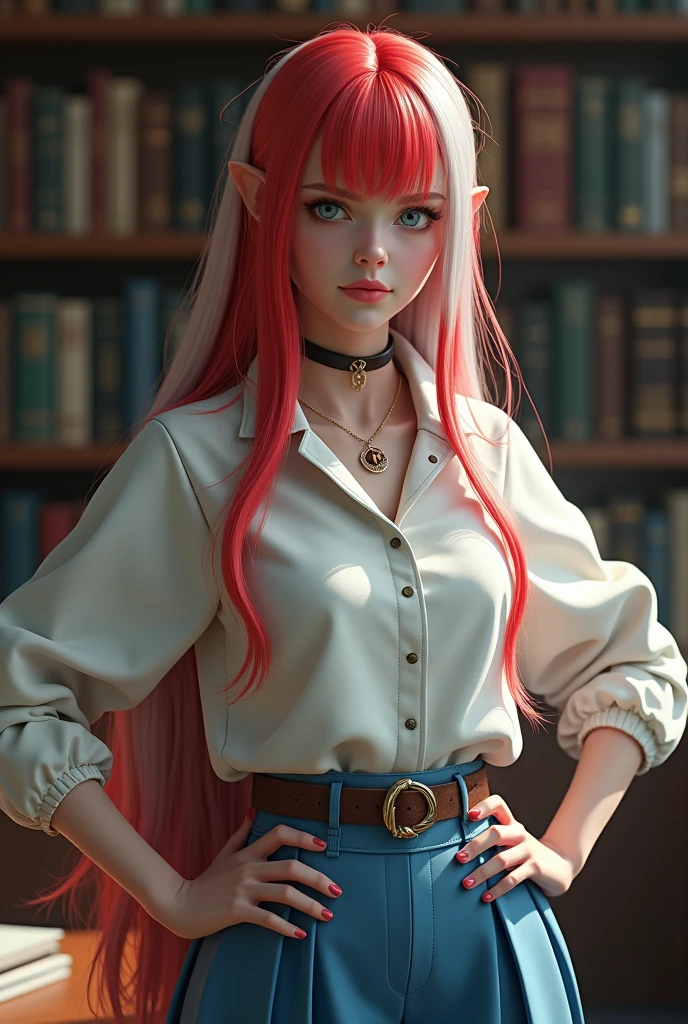 A female college student. (((straight hair))), (((red and white haired))), (((pale blue eyes))), long lashes, (((Detailed face))), (((detailed eyes))), ((square chin)), high cheek bones, shallow cheeks, pale skin. Detailed hands and fingers. curvy body, wide hips, narrow waist. Wearing white and blue outfit, leather belts. Fantasy. Stern expression. Show her standing with her hands on her hips, looking to the side. Library background. Masterpiece quality, best quality, hd,4k, volumetric lighting