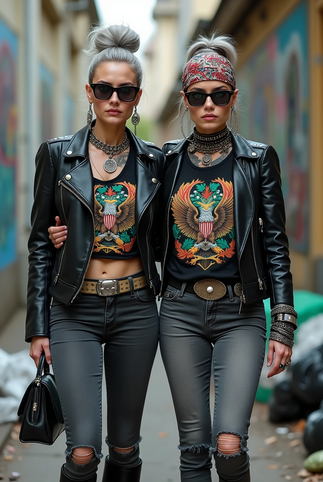 Two russian milf women,  one with the arm over the shoulder of the other. grey hair (one: bouffant, top bun. The other, straight and middle part}and one wearing oversized square sunglasses and wide  colourful bandana as headband), with very light green eyes, extremely pale. Big lips. No tan. Wearing aged black moto jacket (zippers on the side, skull and bones pins).  Both: same old worn cropped t-shirt with spread wings eagle holding a oak leaves garlandlogo. Both,, dark skinny low rise grey jeans with holes on knees ( patched with colourful fabric). Both:,  dark grey worn jeans {with holes on knees) tucked in black leather knee high boots. . Lots of thick wide studded bracelets, chain collars and big rings. Both, high boots. Tacky wide studded leather belt with big skull and bones oval buckle. Long earrings with chains and feathers. Walking with hands in pockets, stretching her neck, craving., Neck, chest, stomach and wrists heavily tattoed. Toned abdominals, thin neck, slim legs and thin arms. Narrow hips and slim legs.  Black leather studded tote bags. Graffitied wall behind, waste on the groun and piled garbage bags around.