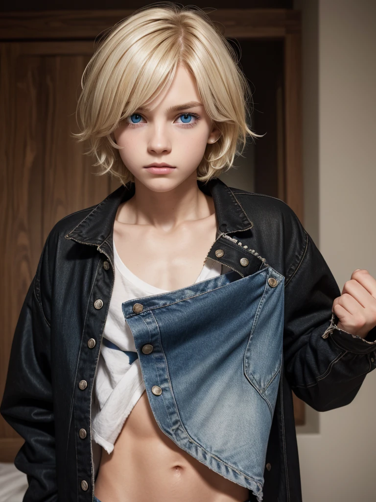 (best quality), 1boy, young boy, pale skin, (blonde hair), ((black ombre)), short hair, messy hair, messy bangs, hair over eyes, (dark blue eyes), perfect eyes, dark circles under eyes, scar over lip, scrawny body, scowl, cute face, oversized jacket, tattered shirt, ripped jeans, flat chest, masterpiece, anatomically correct, highres