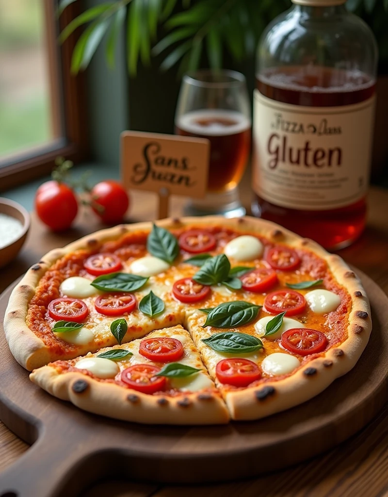 Create an ultra-realistic, highly detailed image of a delicious, gluten-free pizza placed on a rustic wooden table. The pizza has a perfectly baked, golden-brown crust with a slightly crispy edge, topped with a vibrant array of fresh ingredients like melted mozzarella, ripe cherry tomatoes, fresh basil leaves, and a drizzle of olive oil. The cheese is bubbly and slightly browned, with some stringy texture visible where a slice has been pulled away. A small sign or tag next to the pizza reads "Pizza Sans Gluten" in an elegant, easy-to-read script, ensuring the message is clear and prominent. The setting is warm and inviting, with natural lighting that enhances the textures and colors of the pizza. The overall atmosphere should evoke the comfort and satisfaction of enjoying a classic pizza, made accessible for those with gluten sensitivities.