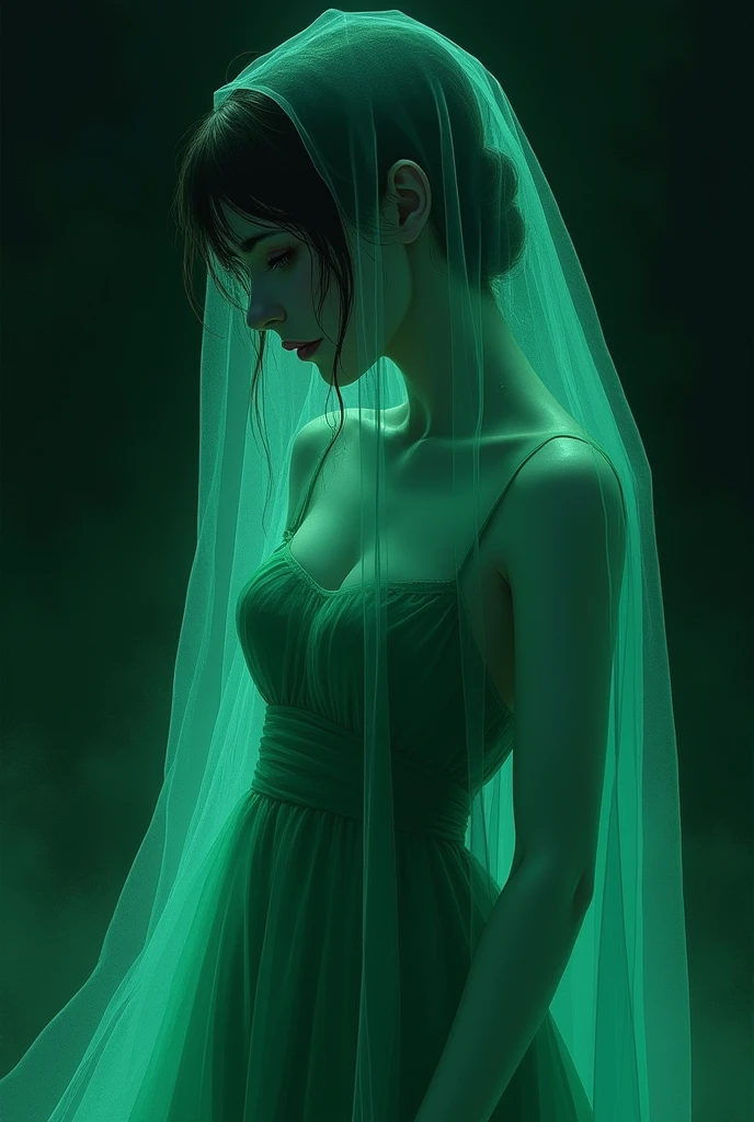 Create an illustration of a female ghost&#39;s profile in a green dress and veil expressing sadness