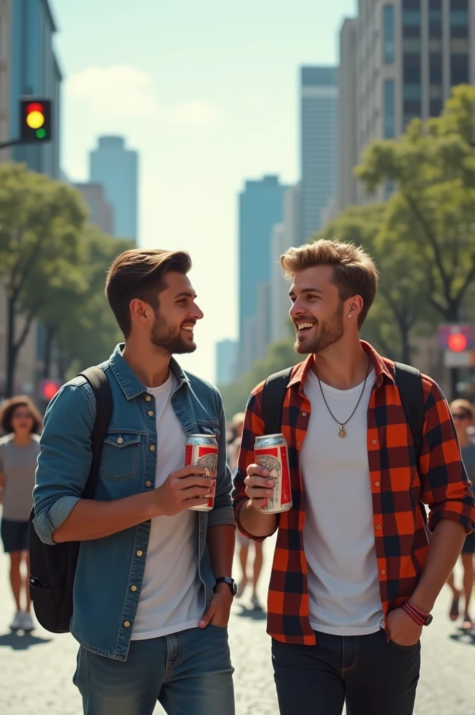 Two male friends walking on Paulista Avenue holding a can of Budweiser beer, the man on the right is white with light brown hair in a short pompadour