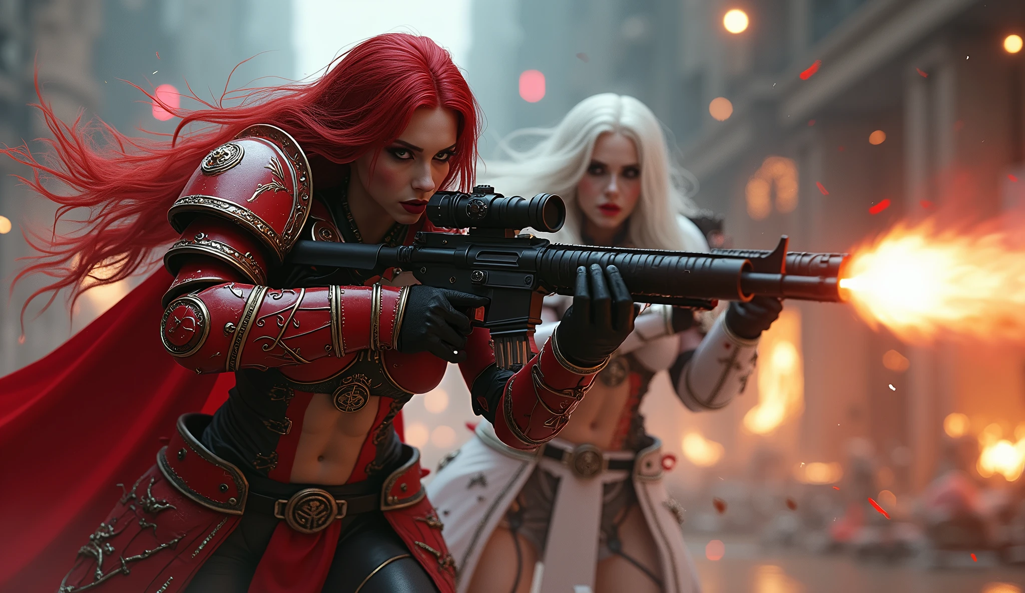 Full body pose sexy sisters of battle from the warhammer 40k, shooting at the enemy, red space marine armor with intricate details, white space marine armor with intricate details, symbols on the armor, sisters of battle, warhammer 40k, Massive exposed silicone breast, pale skin, seductive, temptation, eat your soul, clevage, long red flowing hair, long white flowing hair, long black flowing hair with purple highlights, heavy gothic makeup, at night, neon, beautiful detailed eyes, beautiful detailed lips, extremely detailed eyes and face, long eyelashes, highly detailed armor, intricate futuristic weaponry, dramatic lighting, cinematic composition, muted color palette, gritty and realistic, mecha, science fiction, hyper-detailed, photorealistic, award winning digital art, 8k, HDR, masters work, in the middle of a battle field, full body combat action pose, explosions and fire around, full war, stunning, Stilleto heels, high heels, full body pose, cinematic, movie trailer, final stand!, nemesis, ready to strike, dust and debree, combat screams, attacking, shooting at the enemy, running forward, last line of defense, charging, fanatic, religious, templar knights, sisters of battle, warhammer 40k, shooting at the enemy, bimbo gigantic exposed breast, jetpacks, space marine