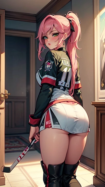 Masterpiece, beautiful art, professional artist, 8k, art style by sciamano240, very detailed face, very detailed hair, 1girl, perfectly drawn body, beautiful face, long hair, pink hair , very detailed green vertical eyes, pouty lips , rosey cheeks, intricate details in eyes, black tigh boots, earrings, simply wearing a nhl hockey jersey, modern home setting, standing, rear view,