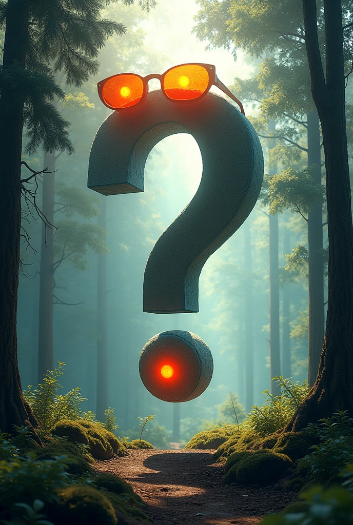 A big question mark in the middle of a forest and a colorful sun visor