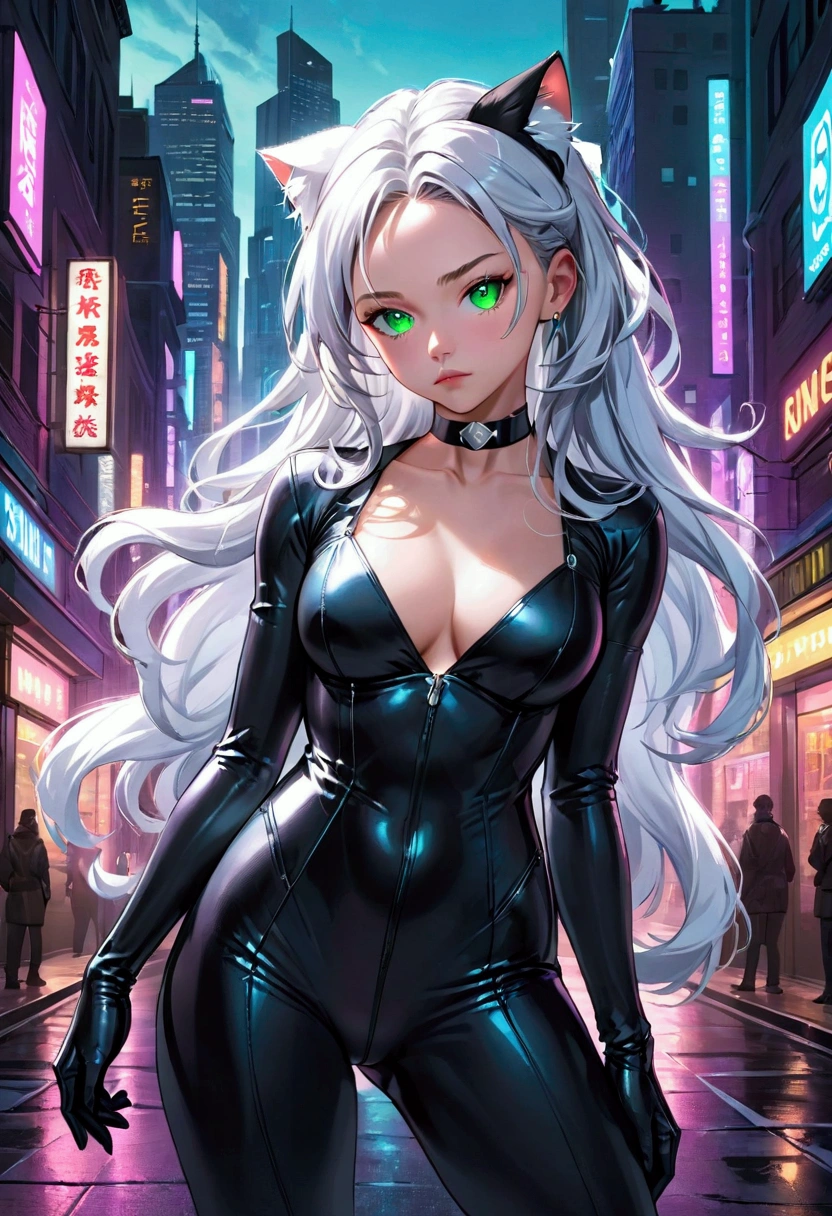 ((Sydney Sweeney)) ((very Sexy)) Create a hyper-realistic digital illustration of Black Cat / Felicia Hardy from Marvel Comics. Depict her in a confident, alluring pose, facing the viewer. Her signature platinum white hair should cascade in voluminous waves around her face and shoulders, with a few strands caught in an imaginary breeze. Dress her in a sleek, black leather catsuit with a plunging neckline trimmed in white fur. The suit should hug her curvaceous figure, emphasizing her athletic build. Include her iconic black domino mask, which accentuates her striking green eyes and full, slightly parted lips. Accessorize with a black choker featuring a silver medallion, and long, white gloves that contrast with the dark suit. Capture the glossy texture of the leather and the soft fluffiness of the fur trim. Set the background as a blurred, neon-lit cityscape at night, with vibrant teals and purples creating a cyberpunk atmosphere. Use dramatic lighting to highlight the contours of her face and body, creating depth and dimensionality. The art style should blend photorealistic rendering techniques with subtle comic book influences, particularly in the dramatic poses and expressions. Pay attention to small details like individual strands of hair, the reflection in her eyes, and the play of light on different textures.