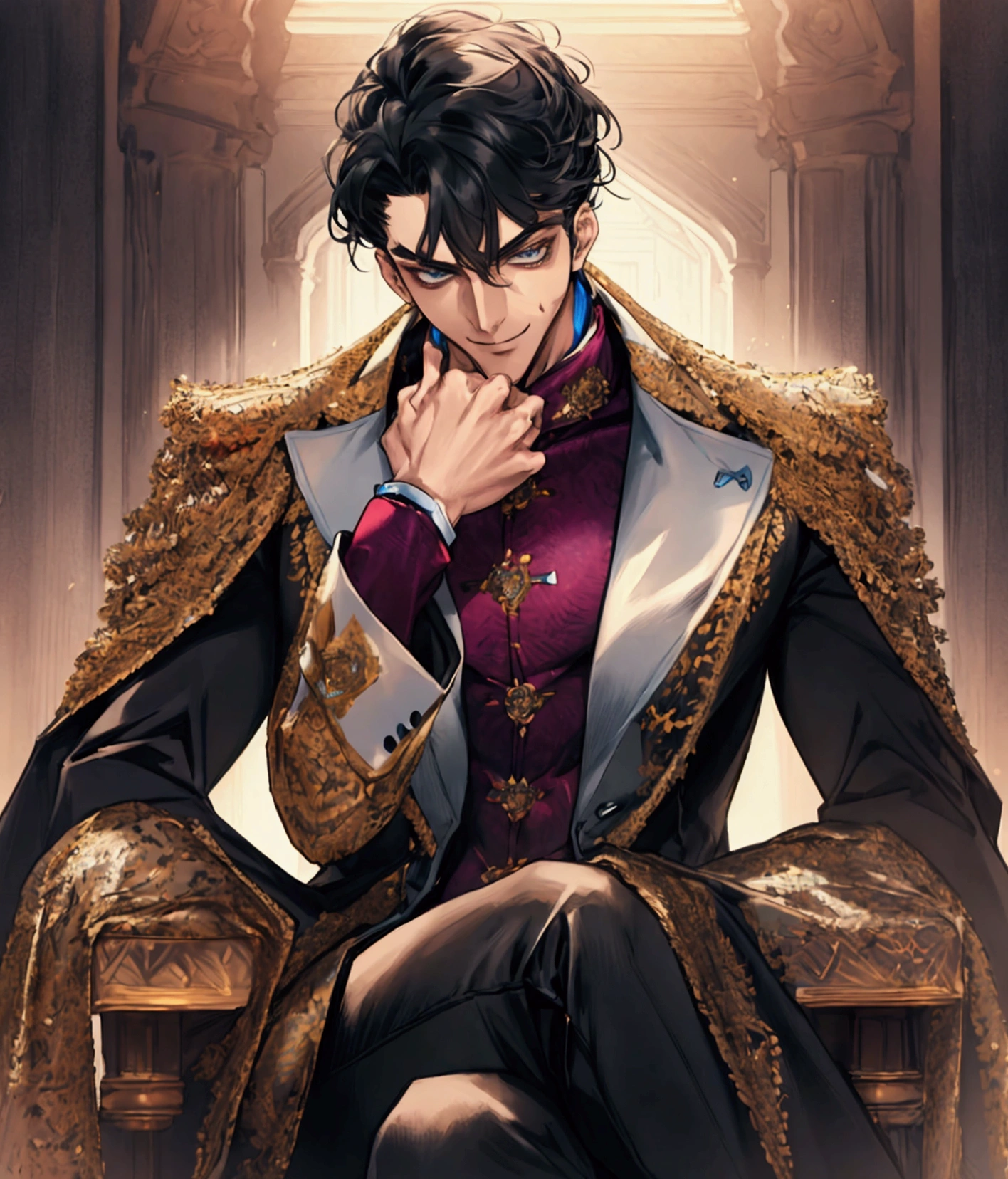 absurd, best quality, incredibly fine details, high resolution, all intricate, masterpiece, many incredible layers, (((psych suit))), korean perm cut, stylized, psychiatric uniform, expressionless, viscolycra and silk fusion, doctor white coat, black sweater, brown belt, black skinny jeans, security, coquetry, alone, dominant pose, sitting, in an asylum, looking at viewer, medium angle, head-on, detailed surface texture, biceps enhancement, black hair, blue grayish eyes, slim and athletic body, tall and with masculine features, attractive and beautiful, flirtatious and confident smile, adult male.
