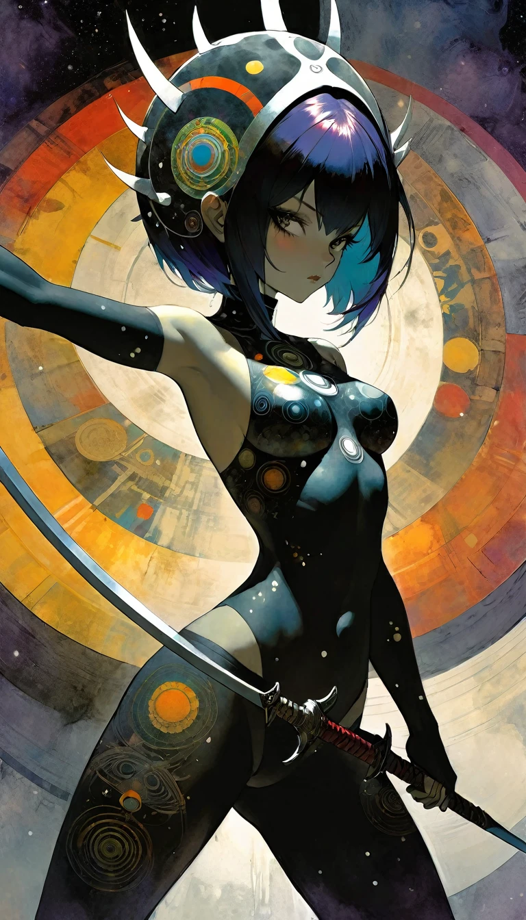 1girl, alone, MANdALA fractal black body paint, sexy, multicolored hair galactic soldier holding a galactic mandala gray sword with both hands, mandala helmet and ready to attack aggressively, ZZZ, ZENLESSZONEZERO, eroticism, sexy, emotional impact, art inspired by Bill Sienkiewicz and Dave McKean