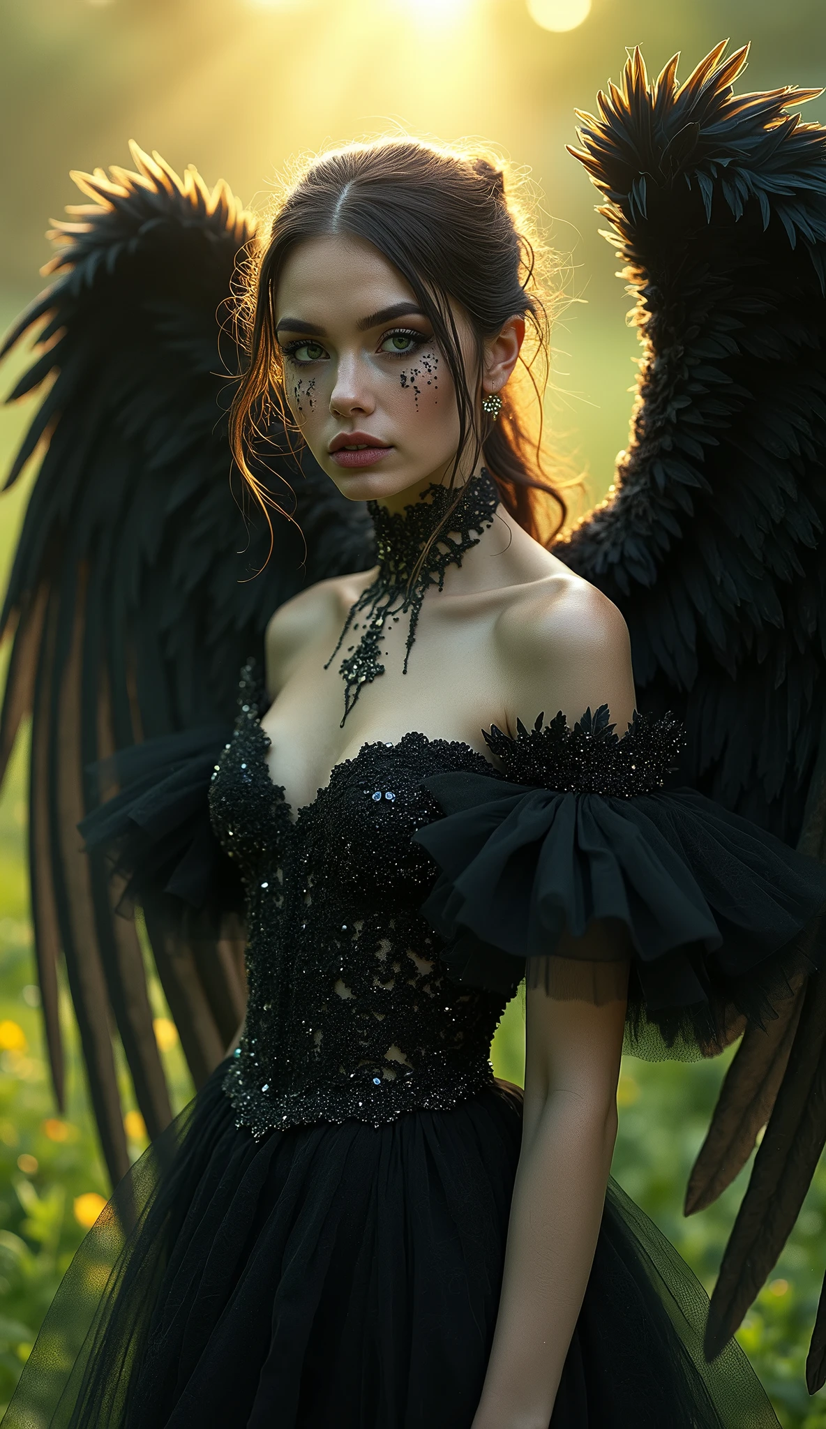 Haute_Couture Dark angel, Realistic Photo portrait, backlight, Haute couture, professional photo, insanely detalied, Beautiful, meadow background, swirling glitter, digital painting, highly detailed, filigree, intricated, intricated pose, clarity, high quality,