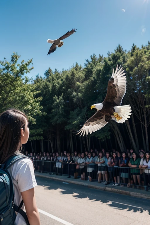 Creates an image of students watching an eagle fly free