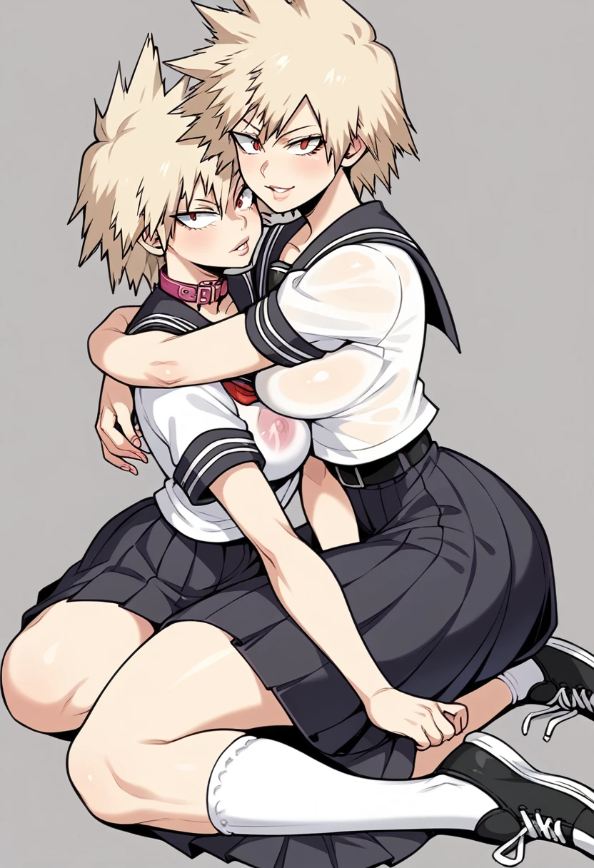 (Mitsuki bakugou),(from BNHA),(Mitsuki is a woman with a beautiful structural body, what stands out in her appearance are her large breasts. Mitsuki is middle-aged and has blonde hair and red eyes.),(Wearing),+,(**Female traditional Japanese school uniform, black and white, short and fitted, revealing the student's delicate and erotic figure** *Short, transparent blouse, with high collars and short sleeves, exposing small, firm, white breasts, surrounded by deep, seductive necklines* *Tight and short skirt, hugging the girl's narrow hips, highlighting her round and firm ass; the skirt is cut to show the slit between the legs, creating a lascivious effect* *Thin, slender waist, with a tight black belt around it, highlighting the soft curve of the hips and delicate knees* *Short, tight pants, revealing long, thin thighs, ending in white socks that go up to the knee, exposing part of the ankles and slender toes* *Low black sneakers, with a short heel, highlighting the girl's tiny height; short, straight brown hair, tied in a traditional bun, exposing the delicate nape of the neck* *Large, seductive brown eyes, with short, thick eyelashes; small, pink mouth, with thin, sensual lips curved in a provocative little smile* *The student's entire figure is a perfect combination of innocence and eroticism, with every detail of the uniform revealing more of her smooth and desirable body to be explored and possessed.*)