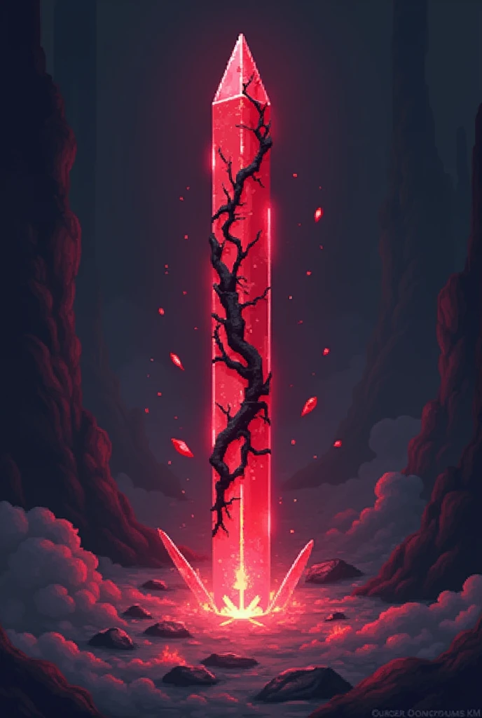 A sword projectile in the style of a pixel drawing, made from a solid blood crystal in which vessels of black void are present