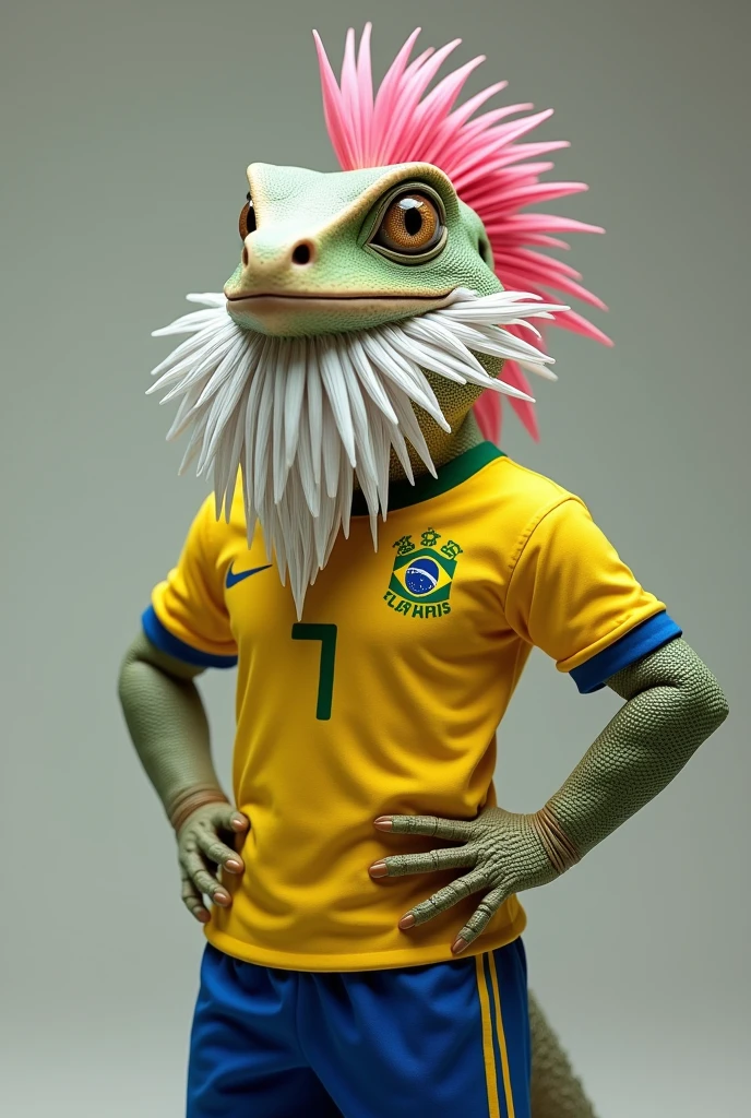lizard wearing a Brazilian national team shirt, with a pink mohawk and a beautiful white beard and mustache