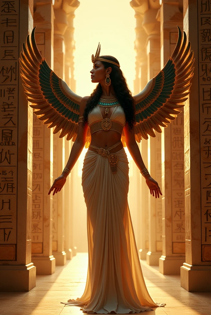 Magnifique divinité Égyptienne Isis. Déesse de la fécondité, de la reproduction et de la protection. Elle à des ailes d'oiseaux à la place des bras. Isis écrit en hiéroglyphe. Temple Égyptien. Haute qualité.