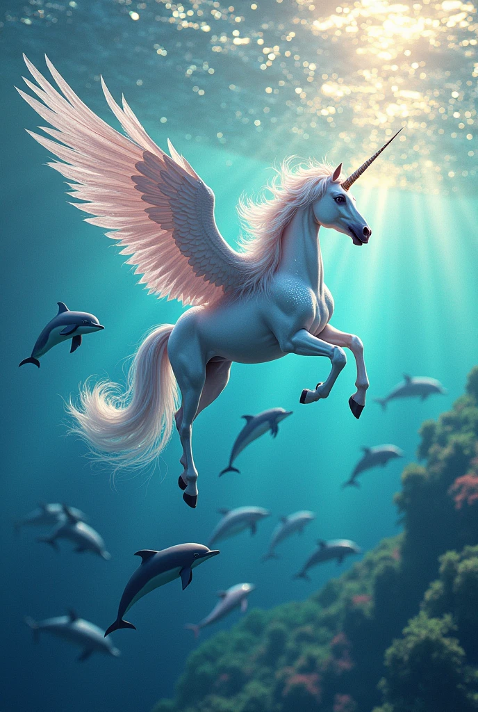 Create an image of a unicorn with wings in the sea with many colors and aesthetic dolphins