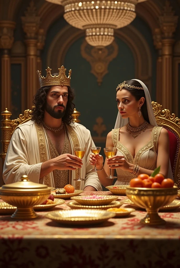 A king and a queen is an officer of the king of Persia sitting at the table with golden wine glasses in their hands add Golden dishes to the table