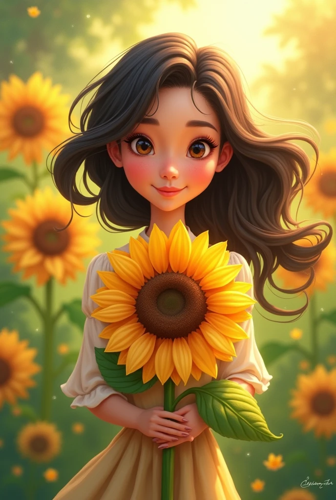 Animated woman holding a sunflower