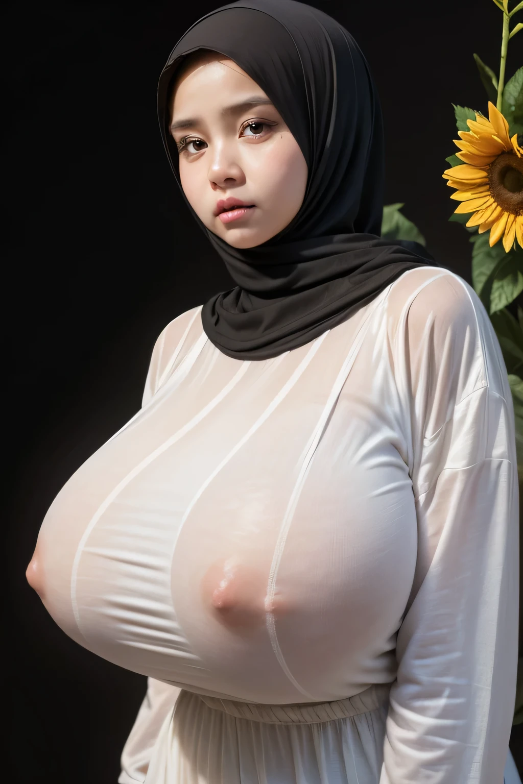 Jumbo (Oversized Clothes), Chubby adorable, 1 girl, (face to face), , baby face, angry face expression, half body portrait, (face details: 1), (eye details: 1), ((big breasts)). wearing transparent transparency soft long shirt, hijab, .. Cute posed. proportional body. Ultra High Res. realistic: 1.4, UHD, ((flowers pattern)), ((Bigger:2.3)), (((DARK BACKGROUND)))
